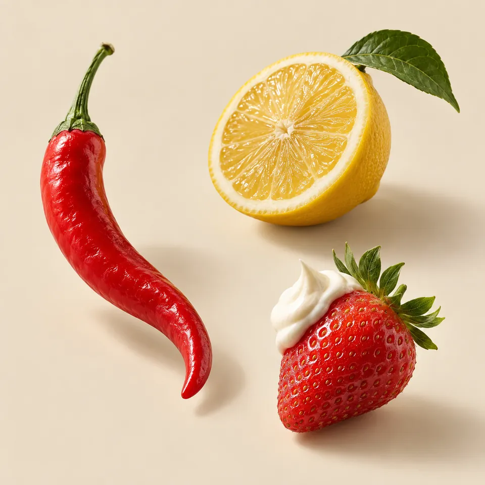 A red chili, a cut lemon, and a strawberry with cream, arranged on a warm beige background.